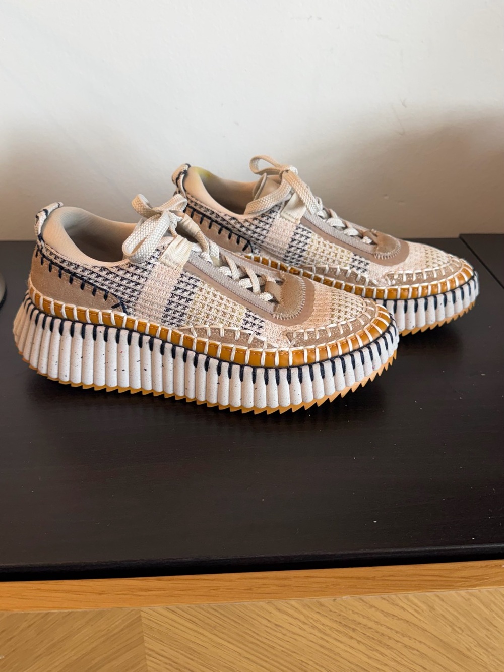 Chloe Nama Women's Rust, Cream & Black Low-Top Woven Sneaker